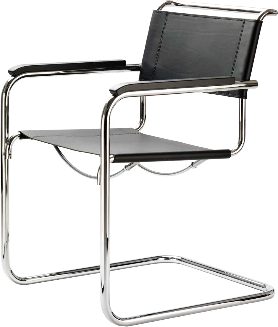 Chaises S34 – Cuir noir / Chrome + accoudoirs hêtre noir