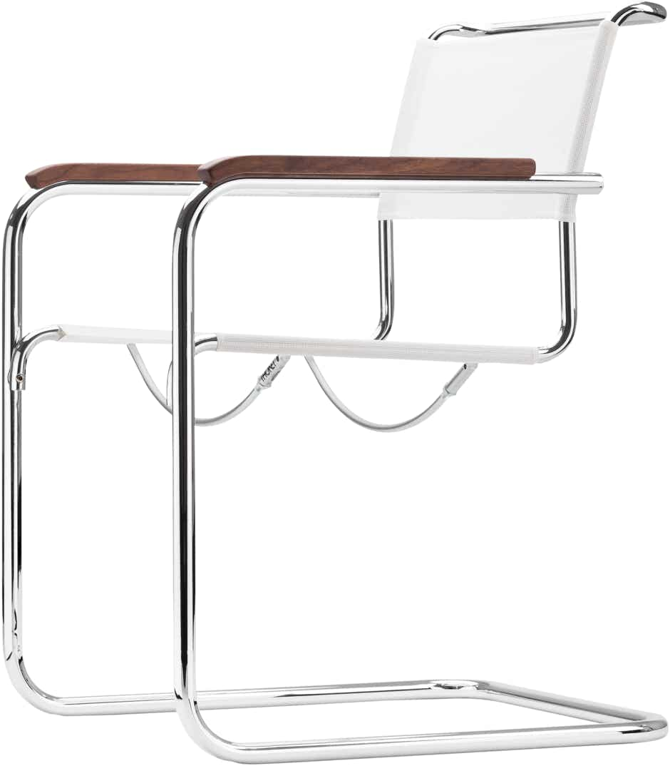 Chaises S34 – Fibre synthétique blanche / chrome + accoudoirs noyer vernis