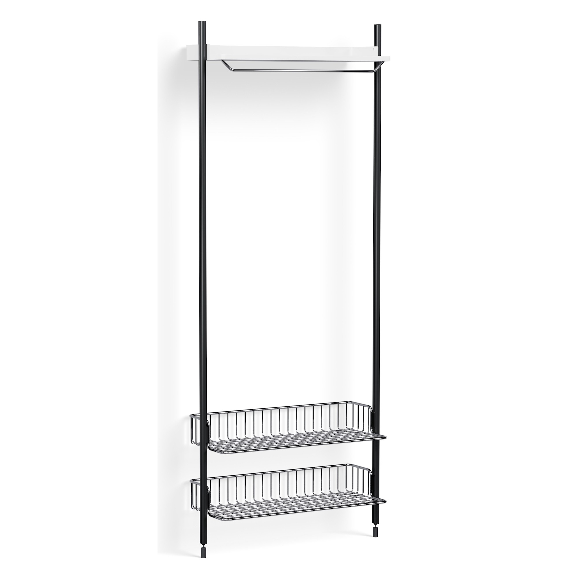 Pier System 1011 – PS White Shelf + Chromed Wire Shelves + Black Anodised Aluminium Profiles - HAY