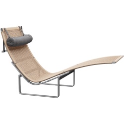 Chaise longue PK24 – Osier + Appuie-tête Cuir Embrace Concrete - Fritz Hansen