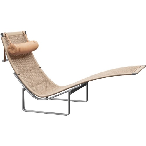 PK24 Chaise longue - Wicker + Headrest Natural Leather - Fritz Hansen