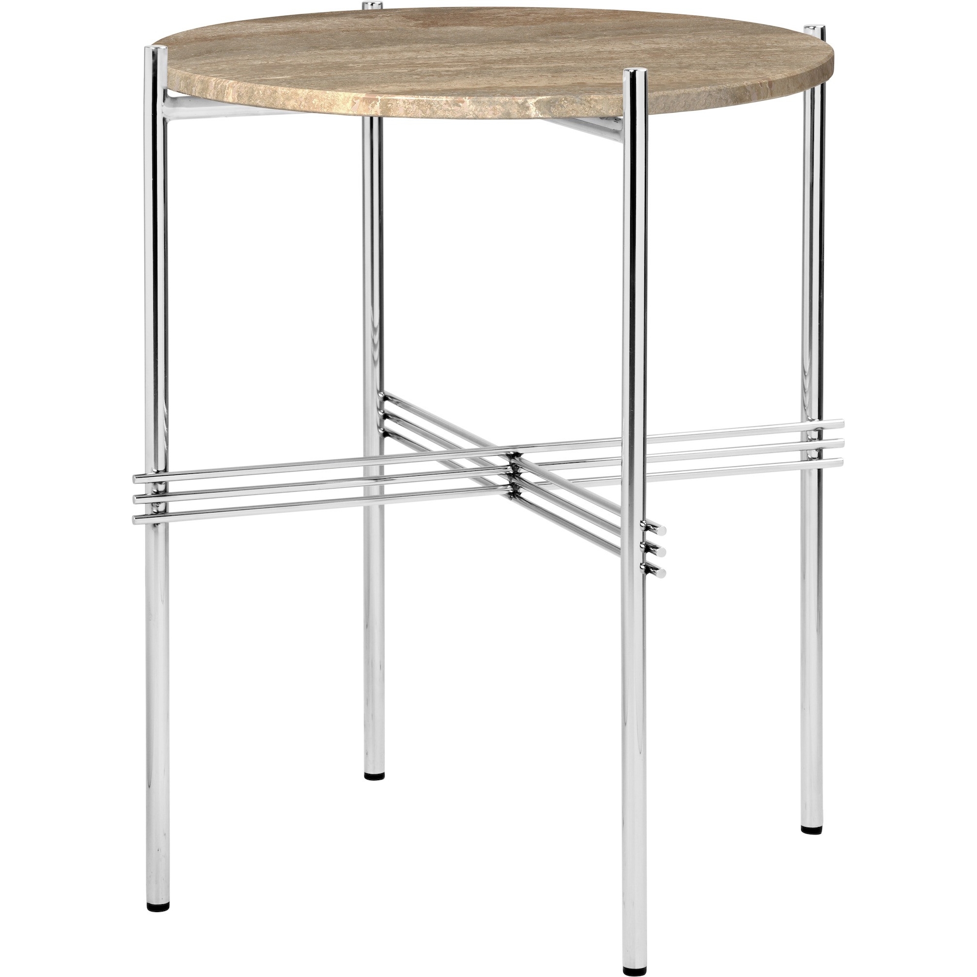 Ø40xH51cm - travertin warm taupe - base acier poli - table ronde TS - Gubi