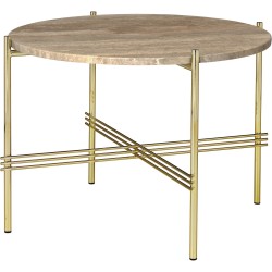 Ø55xH41cm - warm taupe travertine - brass base - TS round table - Gubi