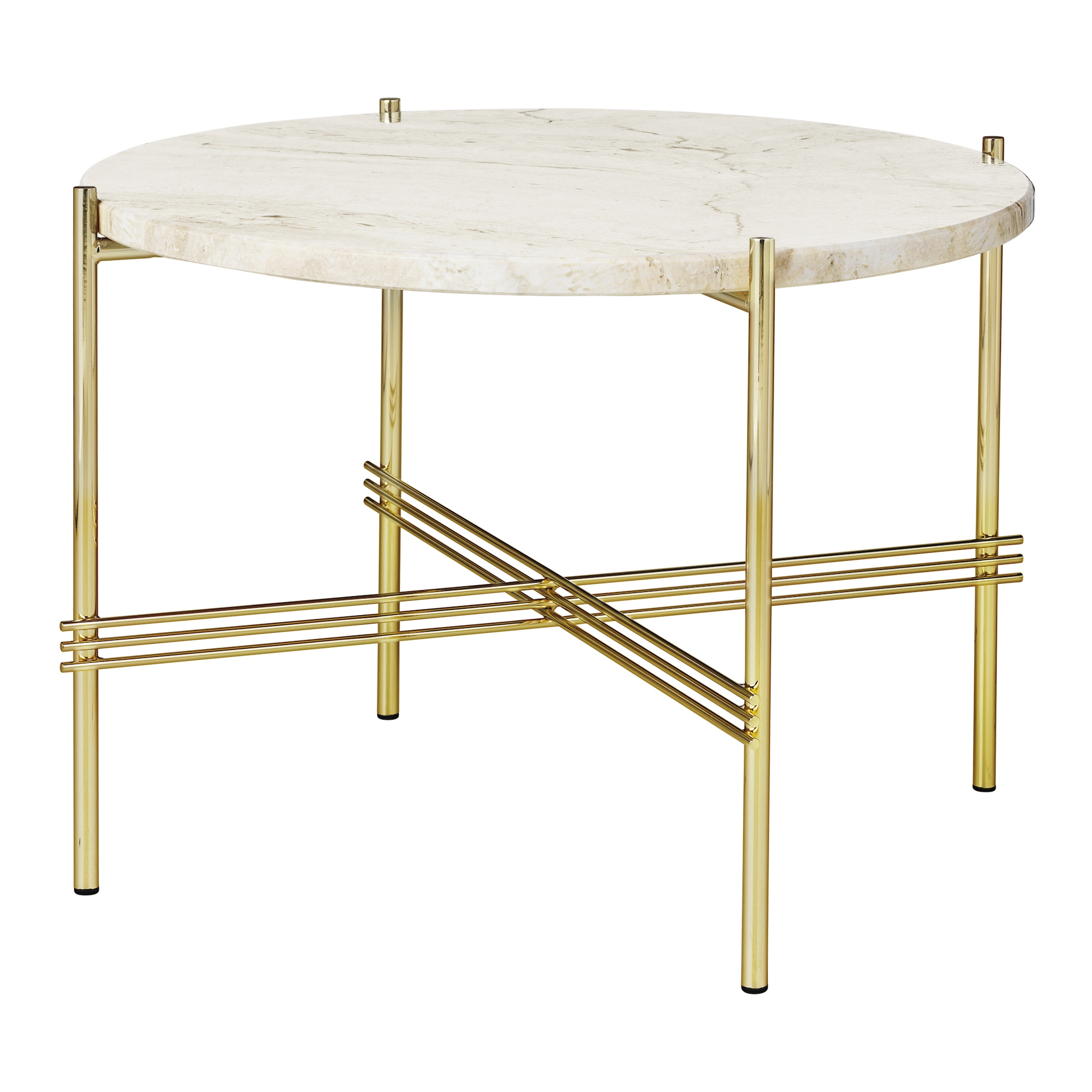 Ø55xH41cm - neutral white travertine - brass base - TS round table - Gubi