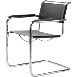 Chaise S34 – Cuir pleine fleur noir + Accoudoirs hêtre noir + Base chrome - Thonet