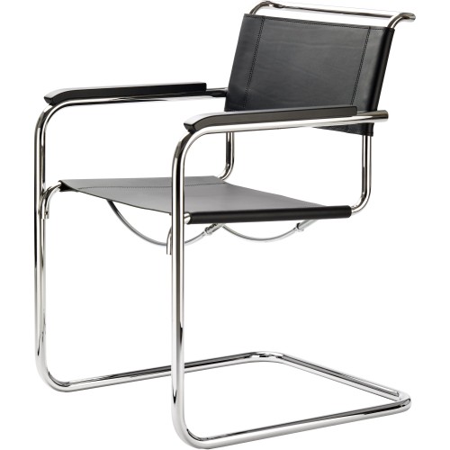 S34 Chair – Black full-grain leather + Black beech armrests + Chrome Base - Thonet