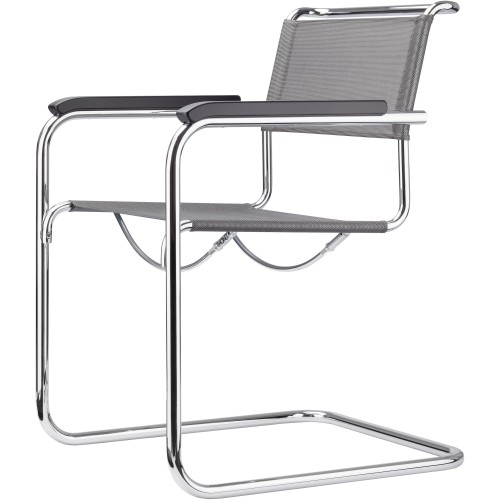 Chaise S34 – Fibre synthétique argent + Accoudoirs hêtre noir + Base chrome - Thonet