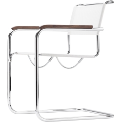 S34 Chair – White synthetic fibre + Lacquered walnut armrests + Chrome Base - Thonet