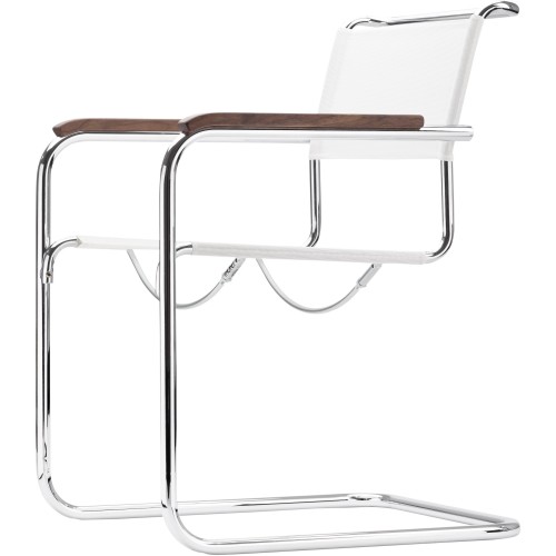 Chaise S34 – Fibre synthétique blanche + Accoudoirs noyer vernis + Base chrome - Thonet