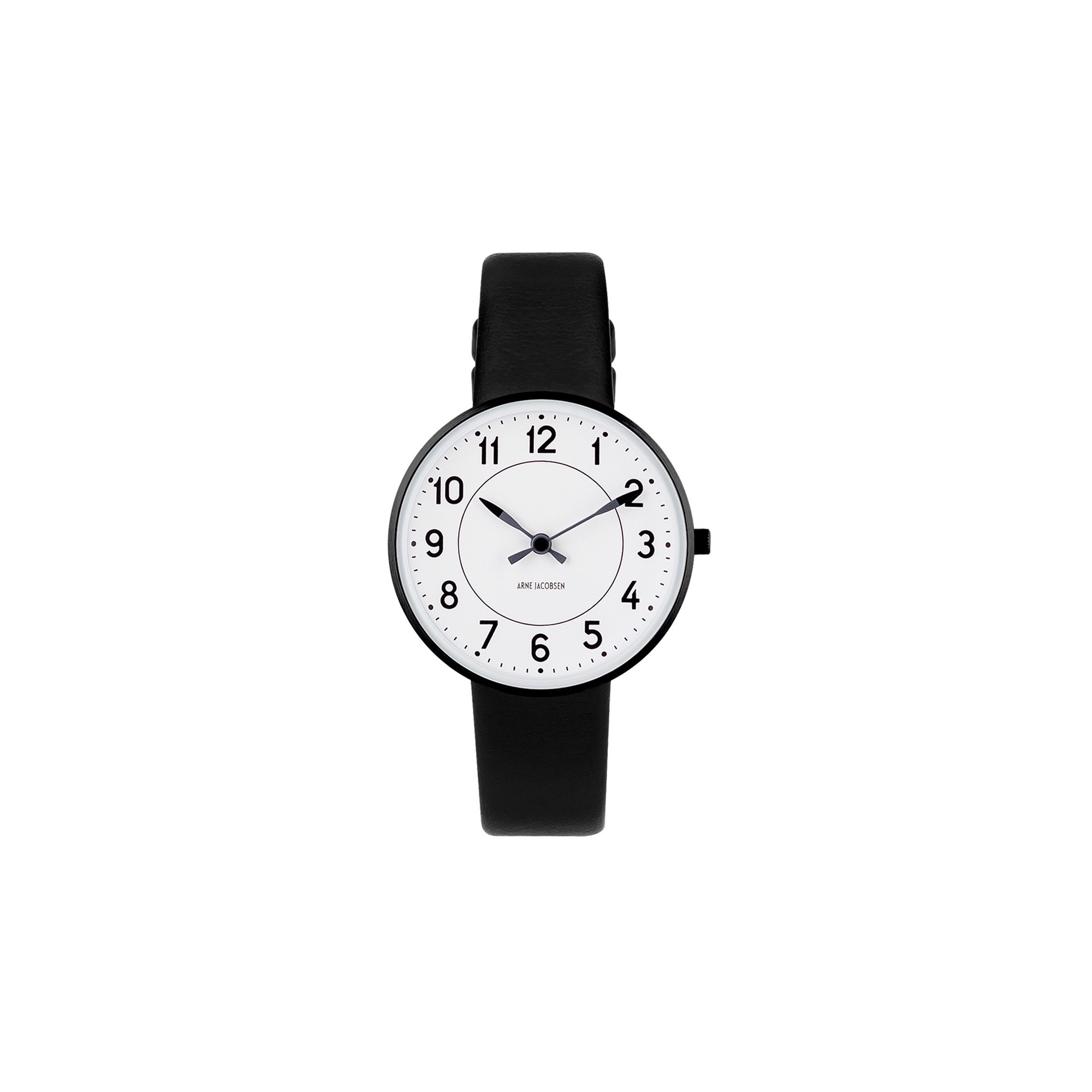 Ø34mm - bracelet cuir noir / fond blanc / cadre métal brossé - montre Station