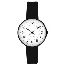 Ø30mm - bracelet cuir noir / fond blanc / cadre métal brossé - montre Station