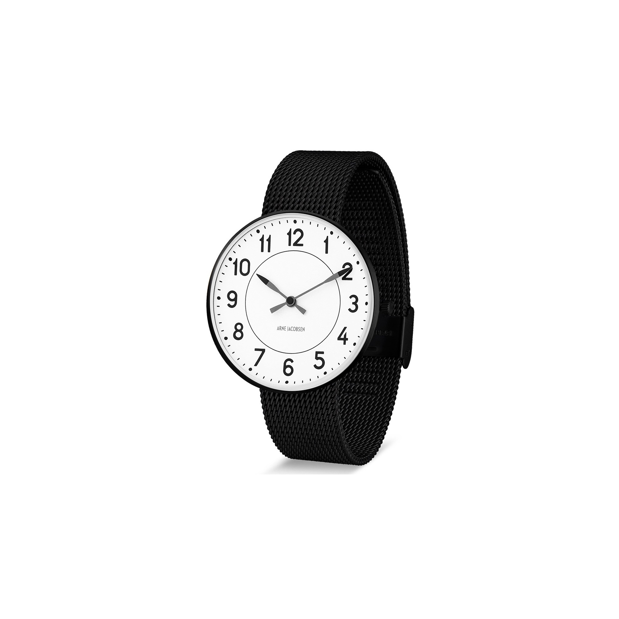 Ø40mm - bracelet maille noir / fond blanc / cadre métal brossé - montre Station