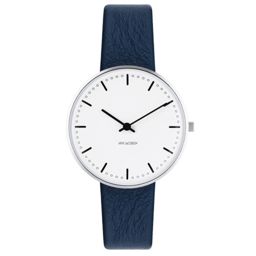 montre City Hall - Ø34mm - acier brossé/blanc, cuir bleu