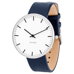 Montre City Hall - Ø40mm - acier brossé/blanc, cuir bleu marine