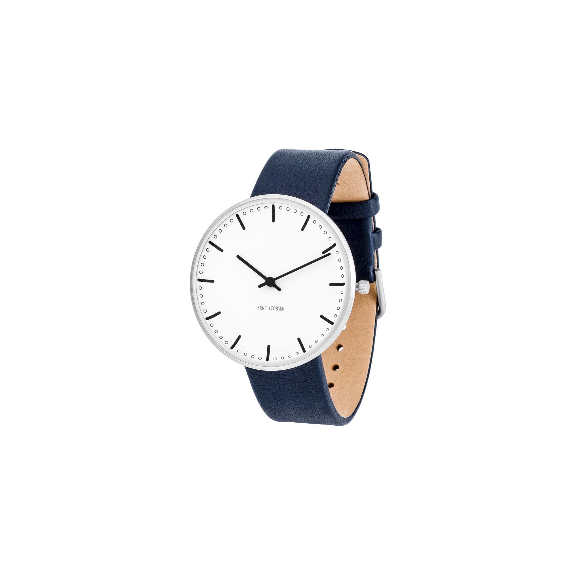 Montre City Hall - Ø40mm - acier brossé/blanc, cuir bleu marine