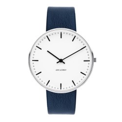 Montre City Hall - Ø40mm - acier brossé/blanc, cuir bleu marine