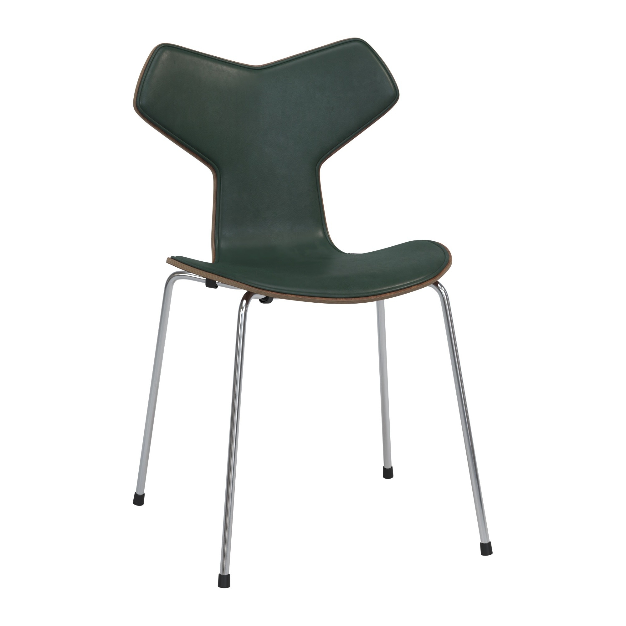 Grand Prix chair Special Edition – Metal legs, Without armrest – Walnut + Forest green Pure leather + Chrome base - Fritz Hansen