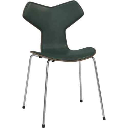 Grand Prix chair Special Edition – Metal legs, Without armrest – Walnut + Forest green Pure leather + Chrome base - Fritz Hansen