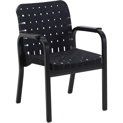 Fauteuil 45 – Toile de lin Noir / Bleu + Bouleau teinté noir + Accoudoirs cuir plat noir - Artek