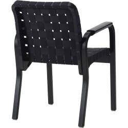 Fauteuil 45 – Toile de lin Noir / Bleu + Bouleau teinté noir + Accoudoirs cuir plat noir - Artek