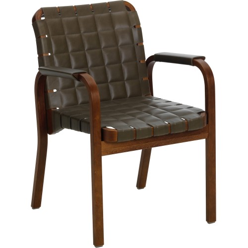 Armchair 45 – Olive Envy leather + Walnut stained birch + Flat olive leather armrests - Artek