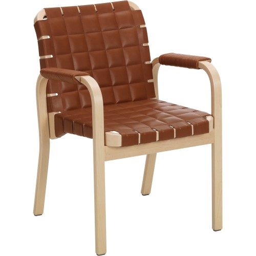 Fauteuil 45 – cuir Elegance Noyer + Bouleau vernis naturel + Accoudoirs cuir enroulé noyer - Artek