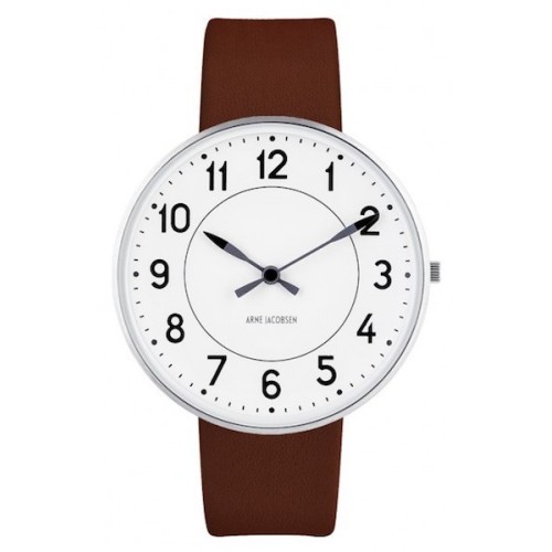 ÉPUISÉ Ø40mm - bracelet cuir marron / fond blanc / cadre métal brossé - montre Station