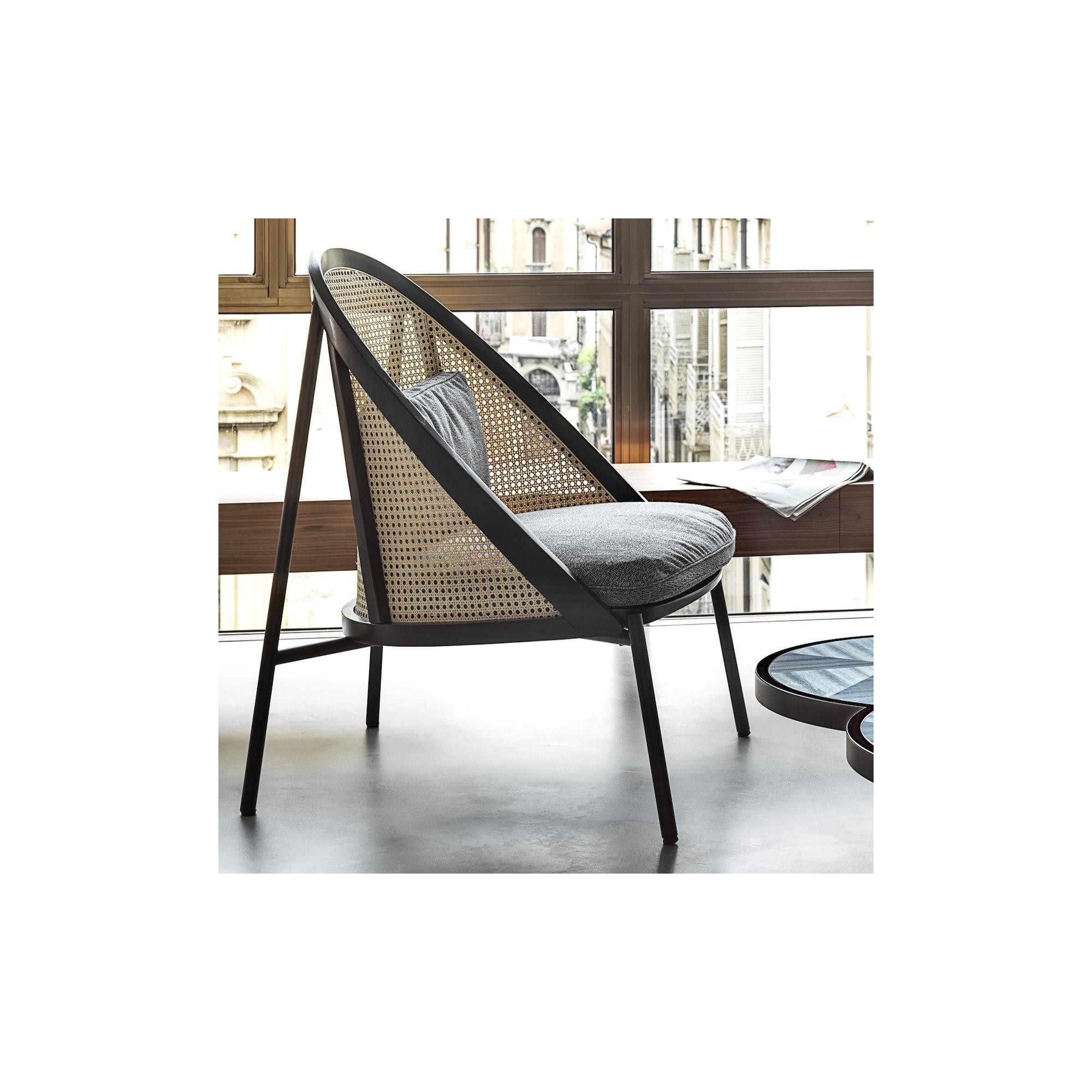 Loïe lounge chair - black lacquered ash, Skye fabric colour 751, woven cane backrest