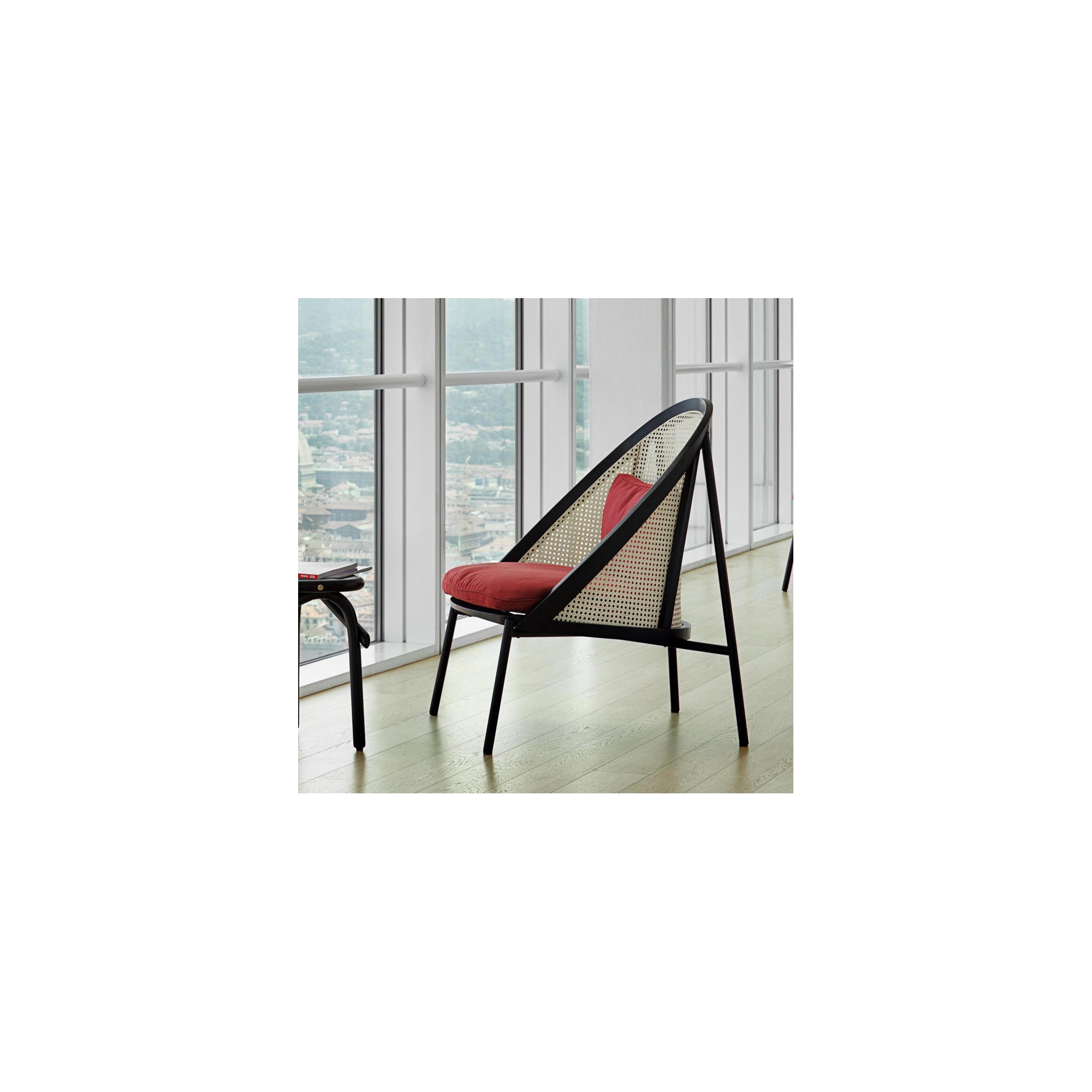 Loïe lounge chair - black lacquered ash, Twill Weave fabric colour 570, woven cane backrest