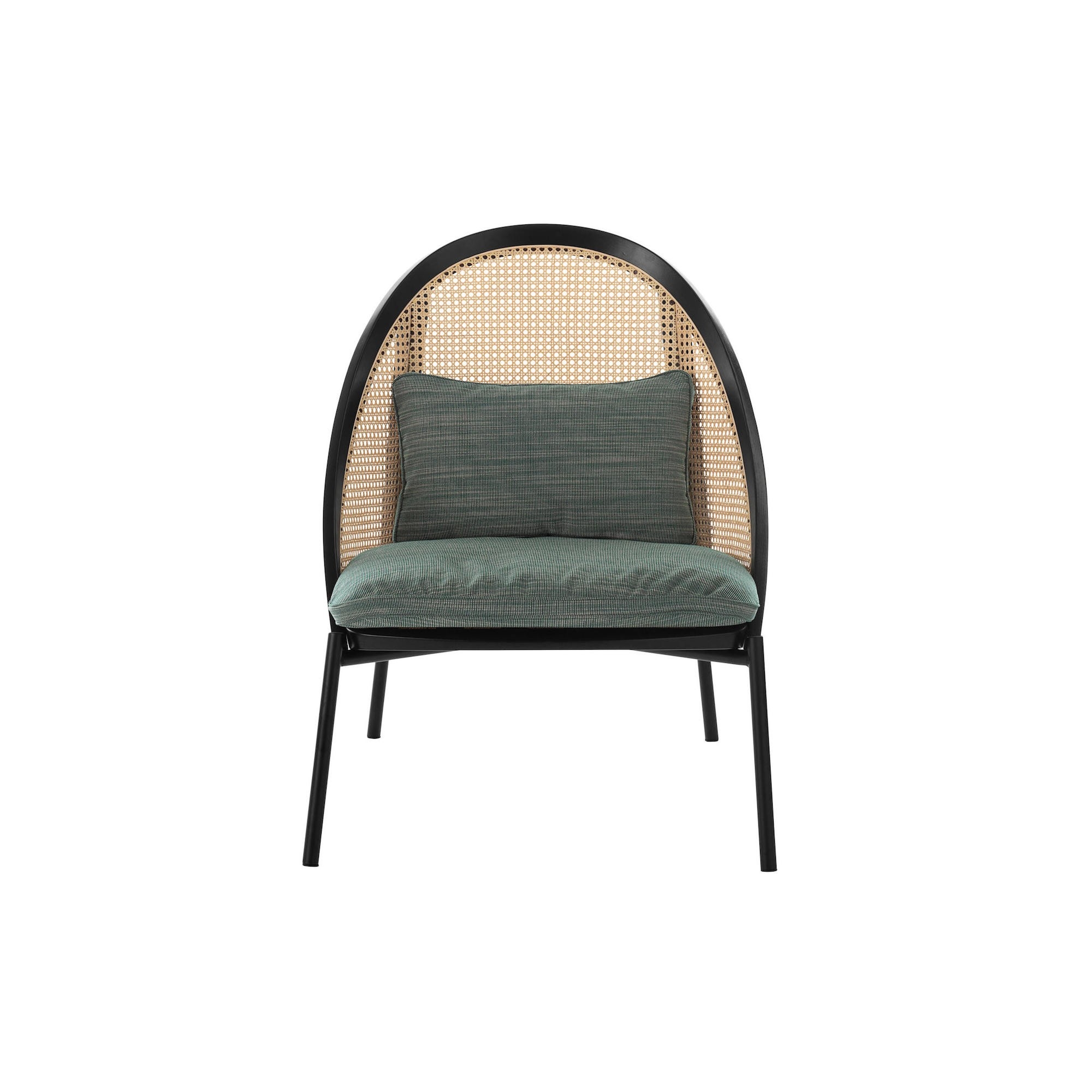 Loïe lounge chair - black lacquered ash + Raas fabric colour 942, woven cane backrest