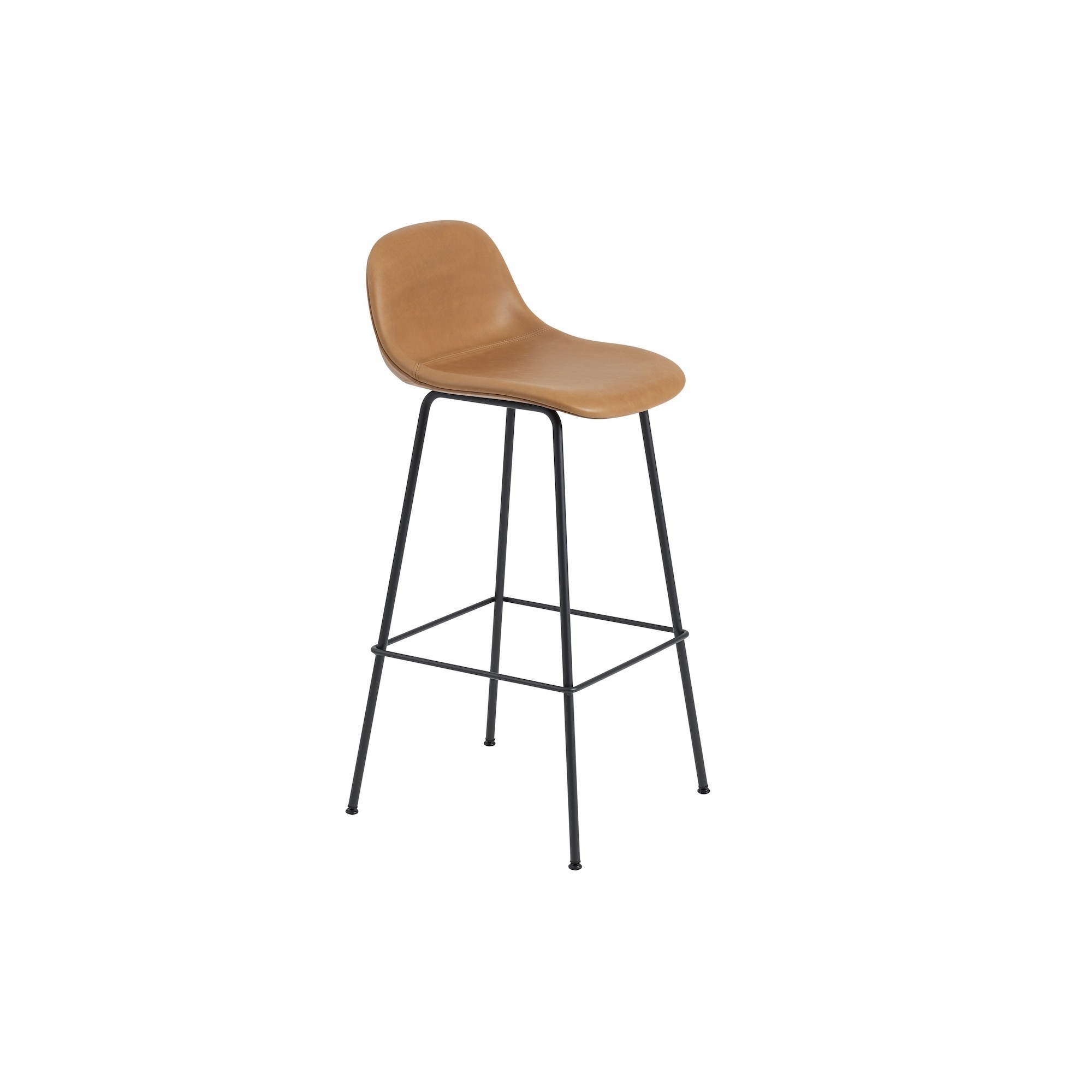 cuir Refine cognac / noir - tabouret bar Fiber - pieds tube avec dossier - Muuto