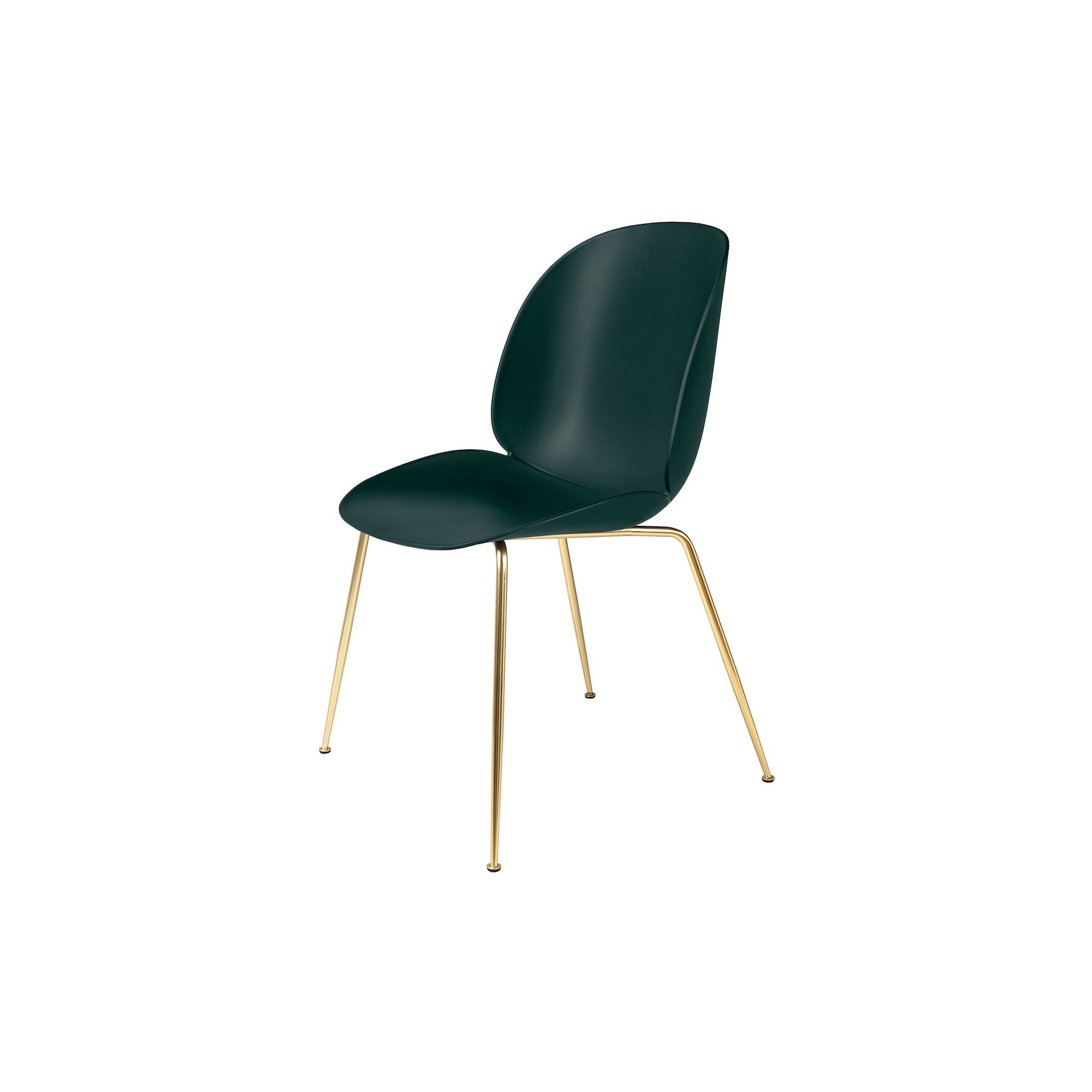 dark green shell - semi-mat brass base - Beetle chair plastic - Gubi