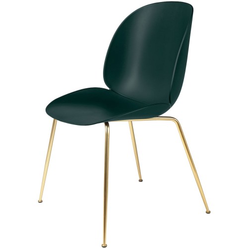 dark green shell - semi-mat brass base - Beetle chair plastic - Gubi