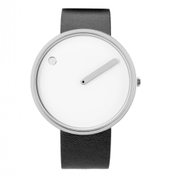 Montre Picto Ø40mm - acier poli/blanc, cuir noir