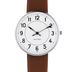 SOLD OUT Station watch - Ø34mm - brushed steel/white, brown leather strap