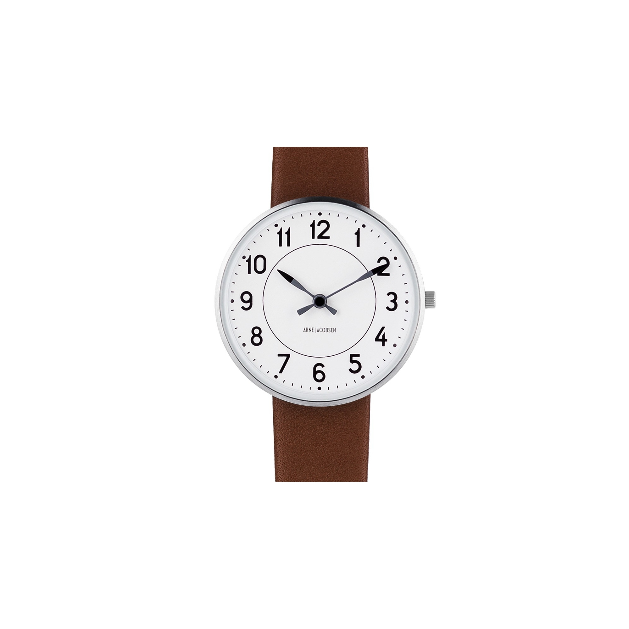 SOLD OUT Station watch - Ø34mm - brushed steel/white, brown leather strap