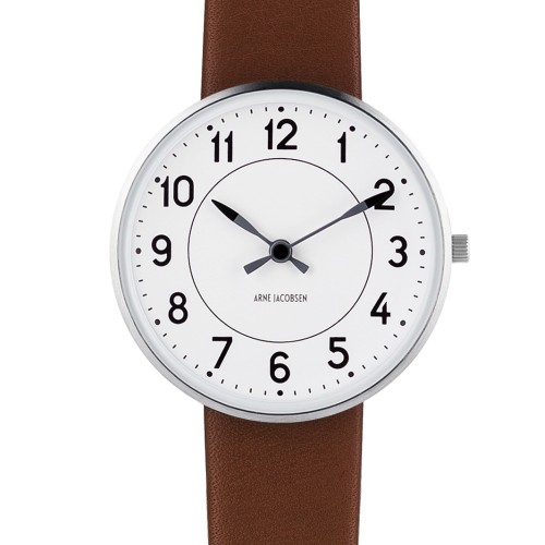 SOLD OUT Station watch - Ø34mm - brushed steel/white, brown leather strap