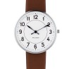 SOLD OUT Station watch - Ø34mm - brushed steel/white, brown leather strap