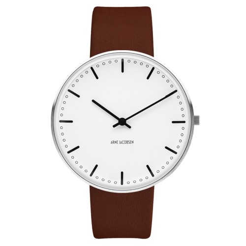 Montre City Hall - Ø40mm - acier brossé/blanc, cuir marron