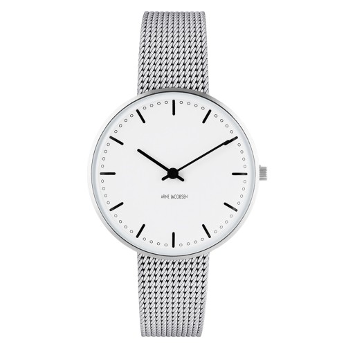 Montre City Hall - Ø34mm - acier brossé/blanc, bracelet maille métallique