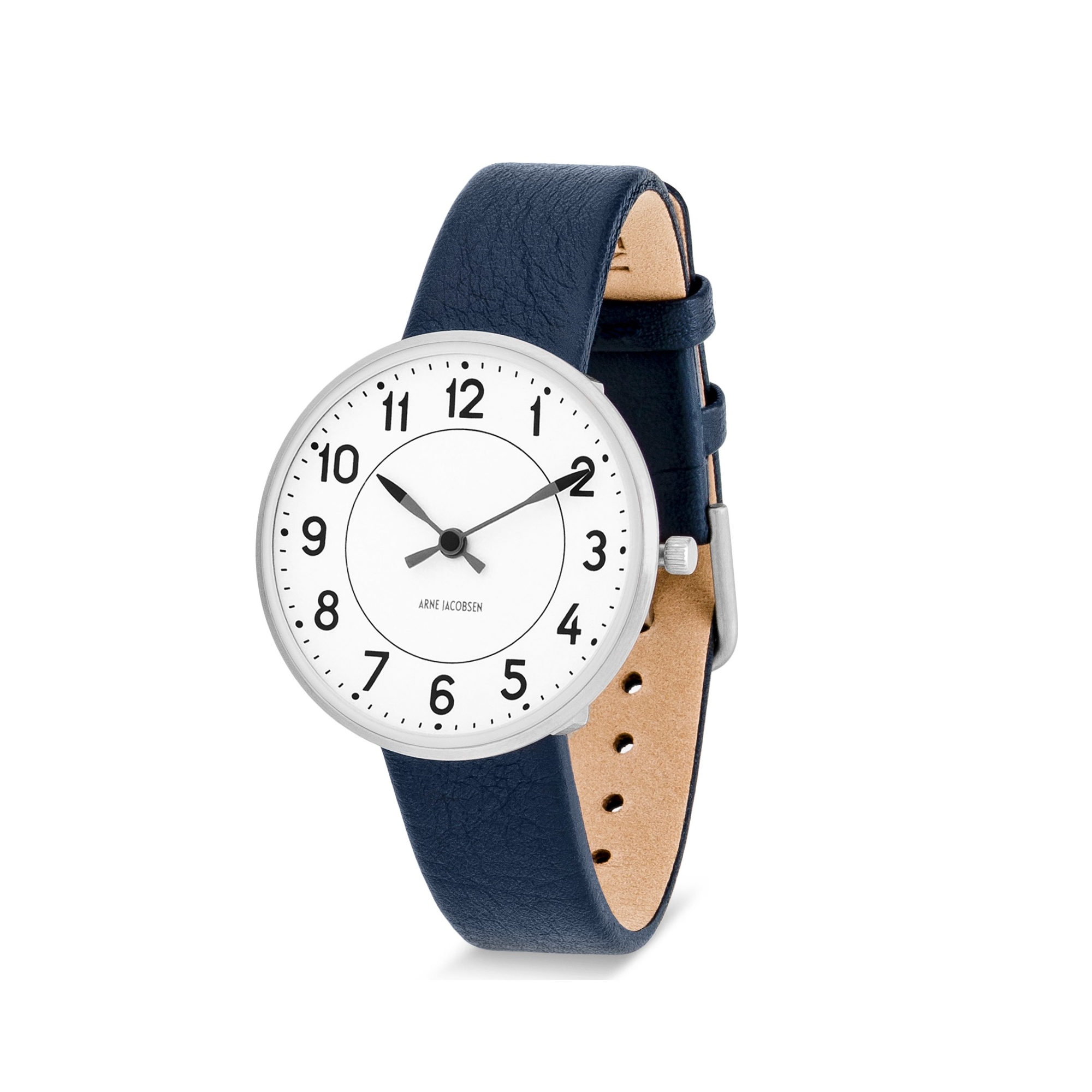 SOLD OUT Station watch - Ø34mm - brushed steel/white, navy blue leather strap