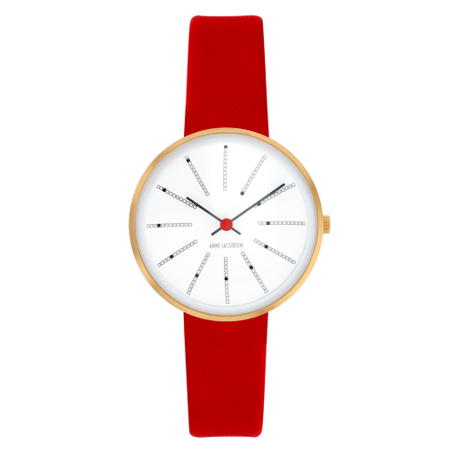 Bankers watch - Ø34mm - Brushed gold/white, red leather