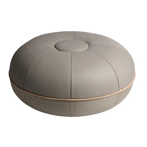 Fritz Hansen Pouf – Ø50 x H24 cm – Polished leather / Canvas Grey