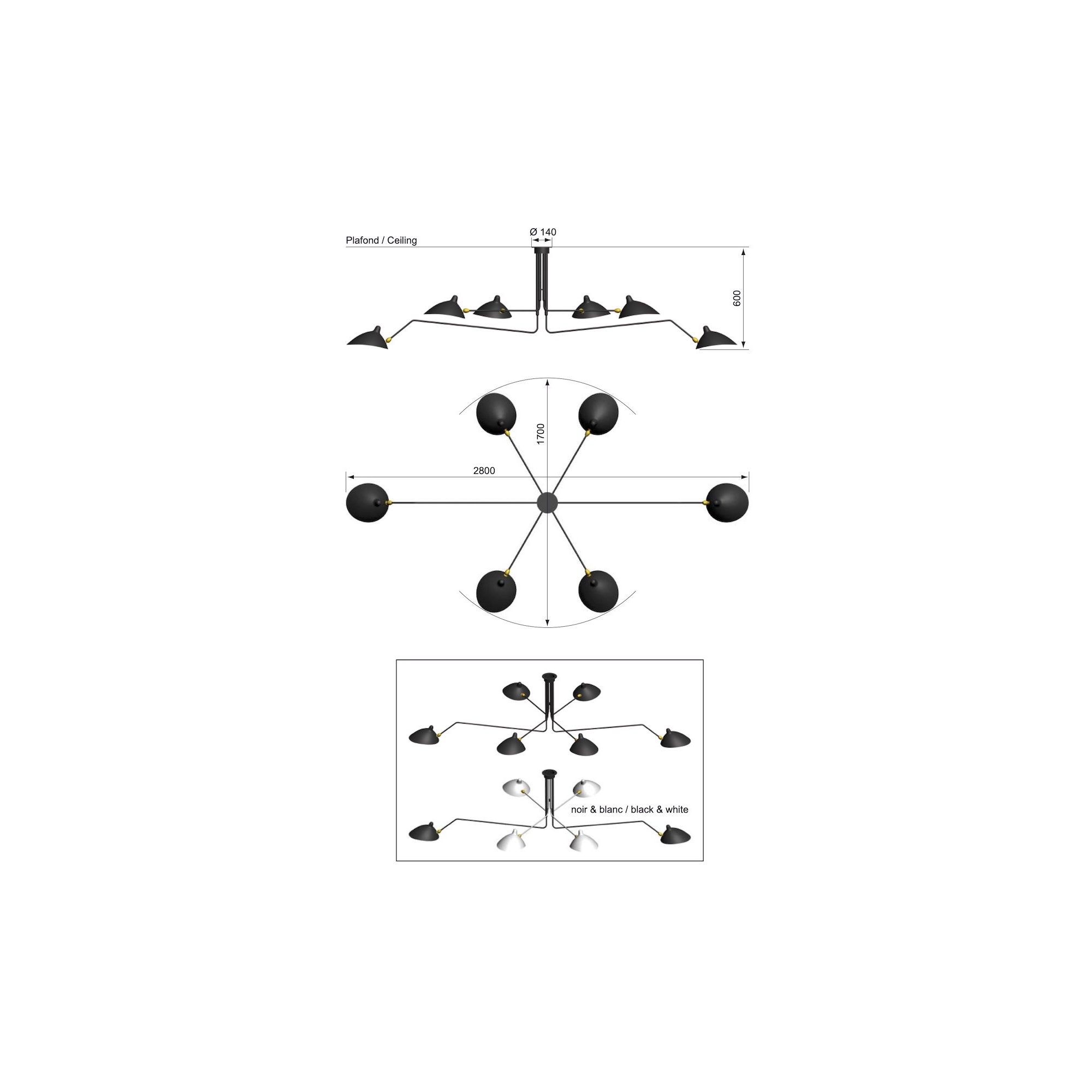 Plafonnier six bras pivotants - Éditions Serge Mouille