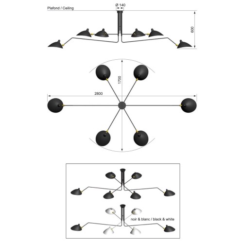 Ceiling lamp six rotating arms