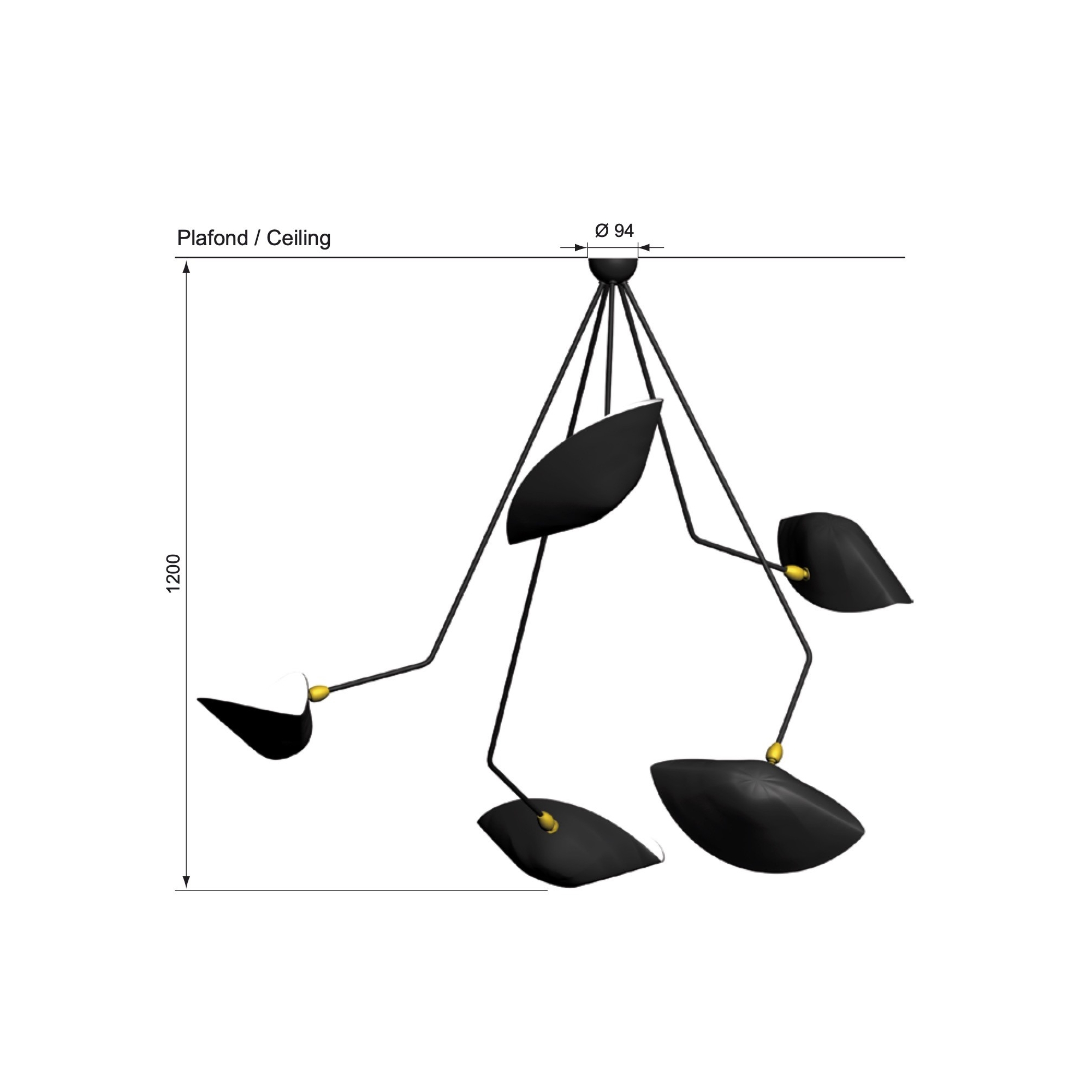 Plafonnier Araignée cinq bras cassés H120 cm - Éditions Serge Mouille