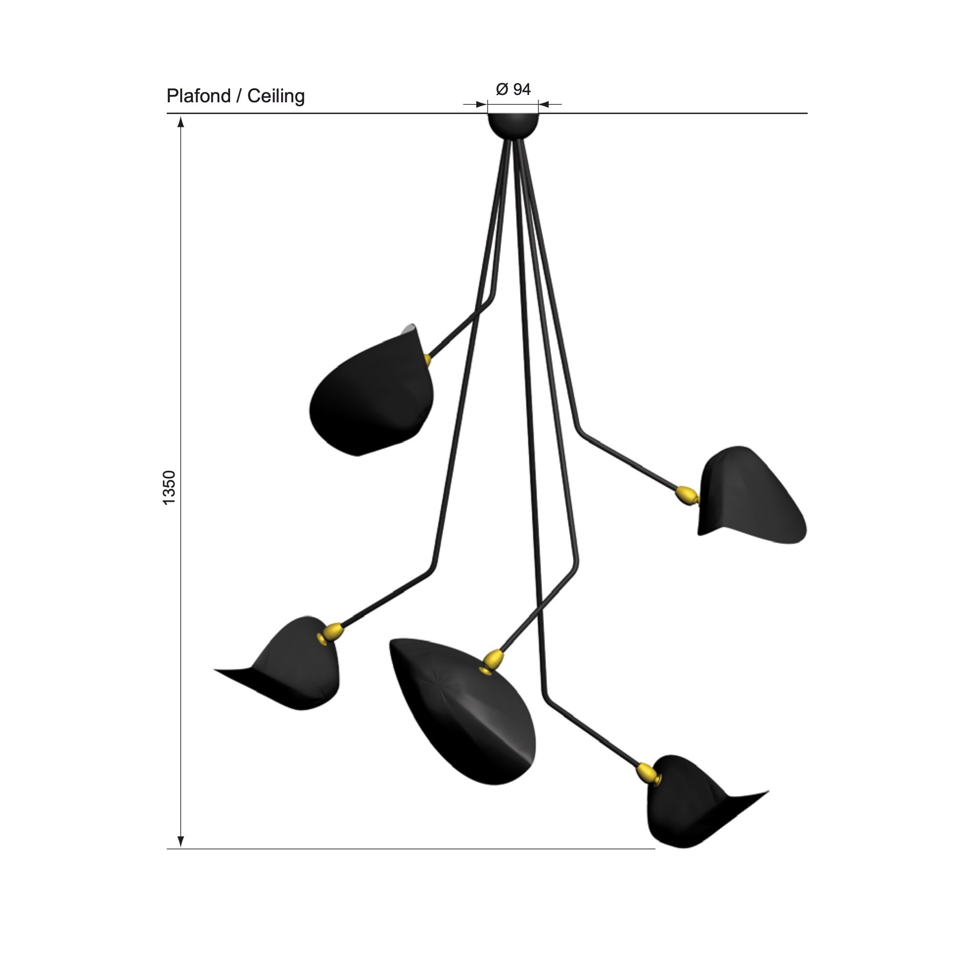 Plafonnier Araignée cinq bras cassés H130 cm - Éditions Serge Mouille